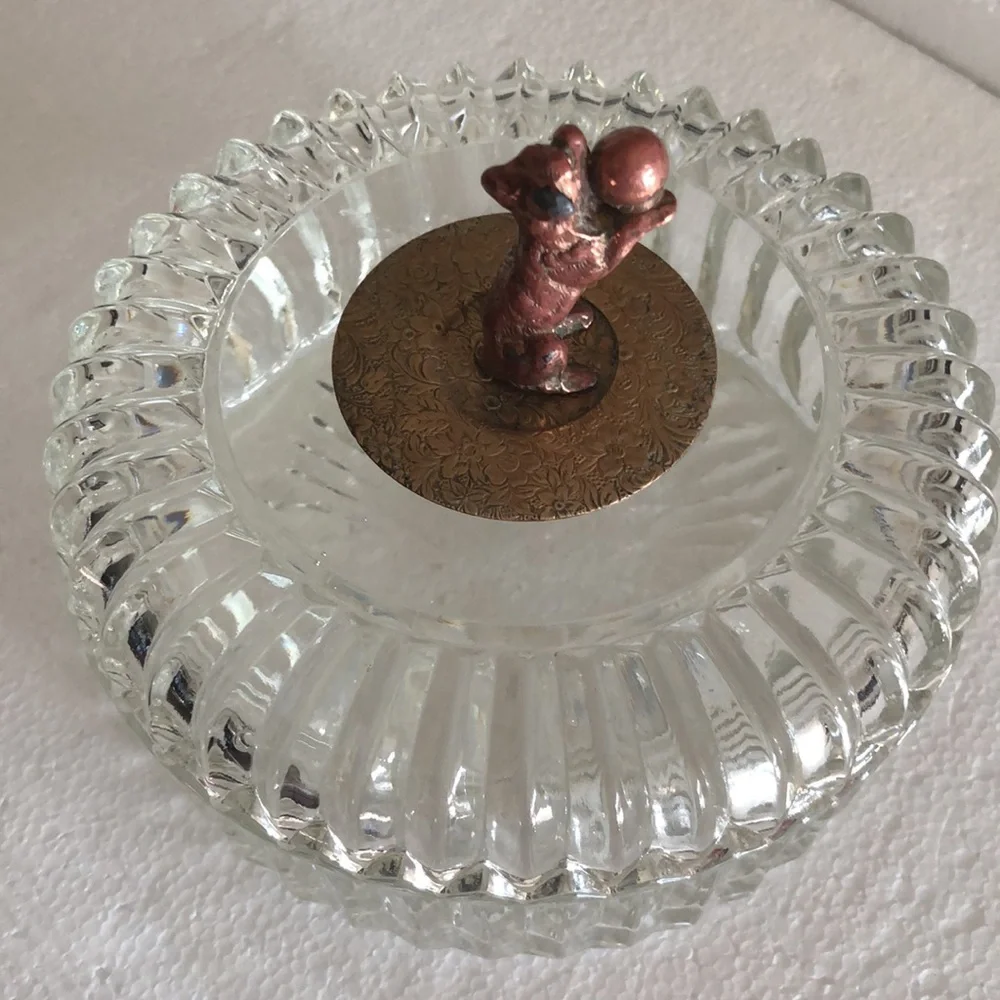 Vintage Glass Crystal Trinket Bowl w/Lid, Brass Dog Handle w/Copper Floral Plate